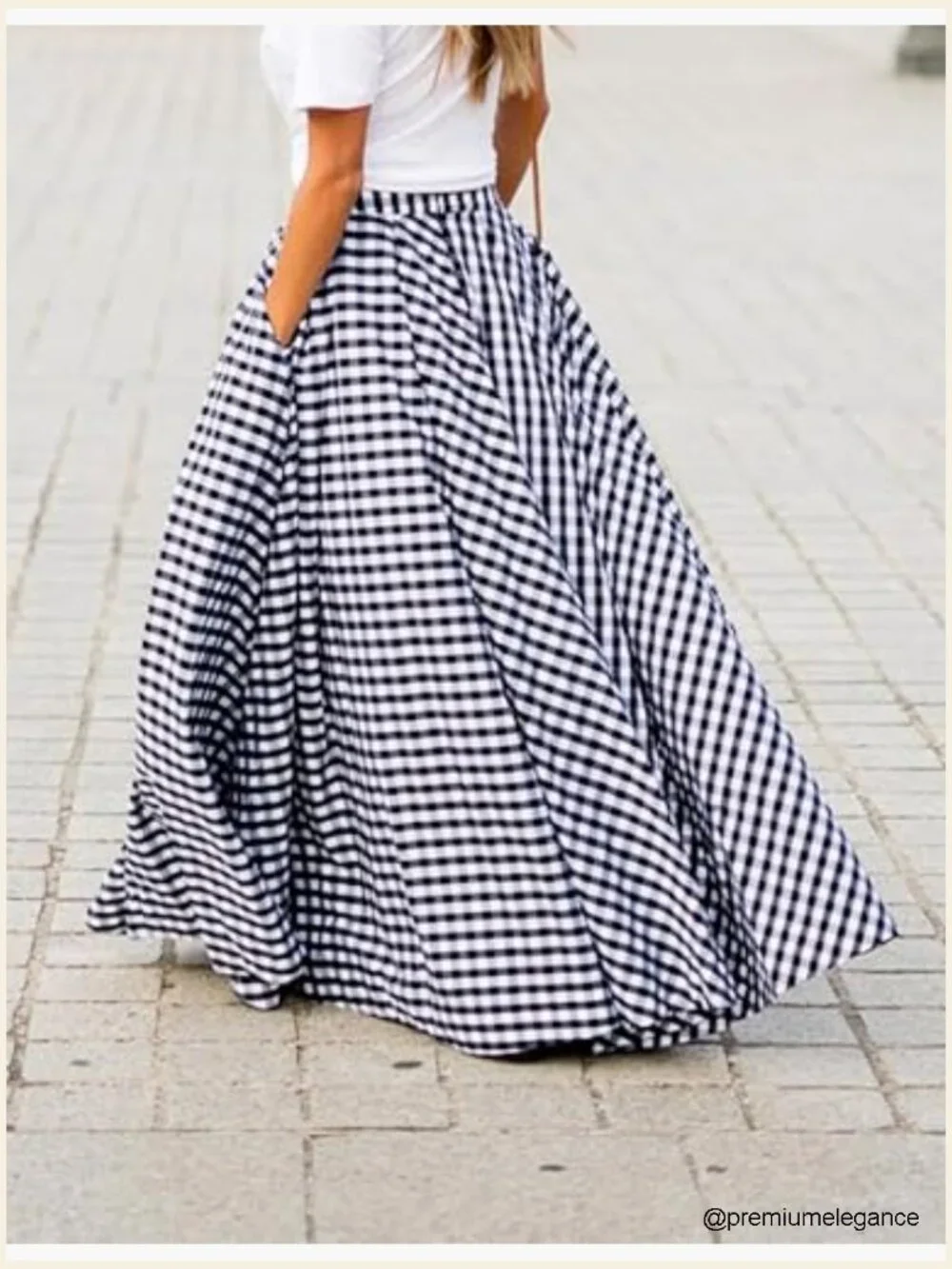 Gingham Maxi Skirt High Waist Pleated A-Line Flowy Checkered Skirt Summer - Picture 4 of 7